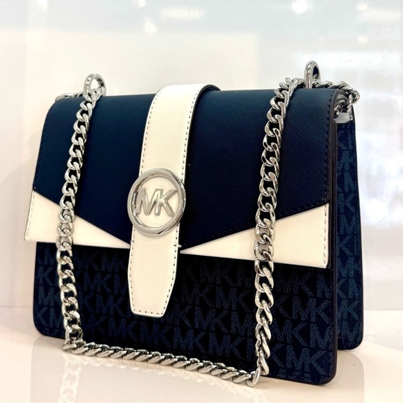 Michael Kors Greenwich Small Color-Block Signature Crossbody Bag Admiral Blue - Picture 2 of 9